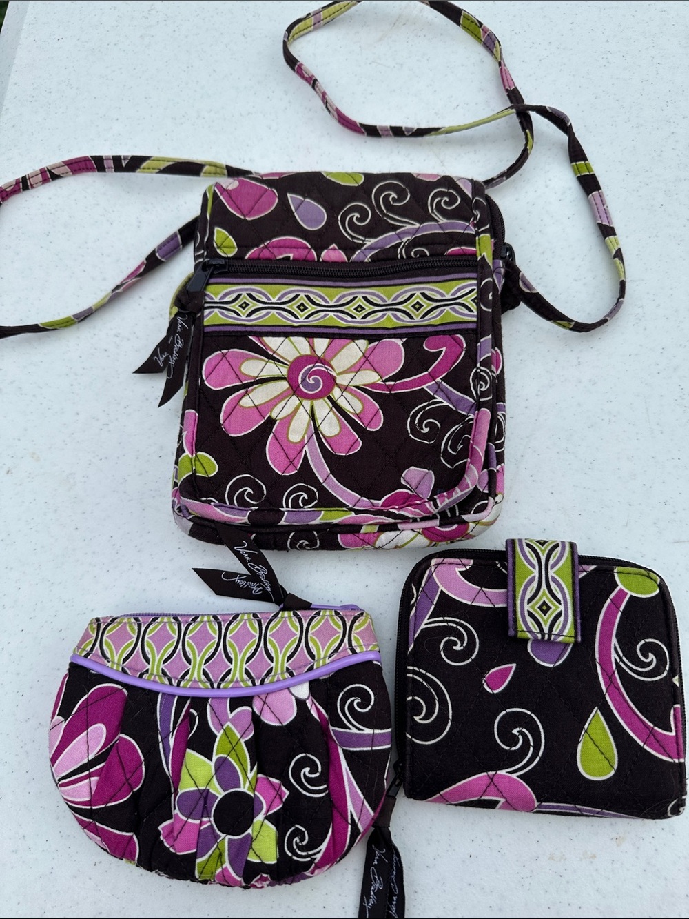 Vera Bradley Black Crossbody Set with Pink, Green and Purple Floral Print